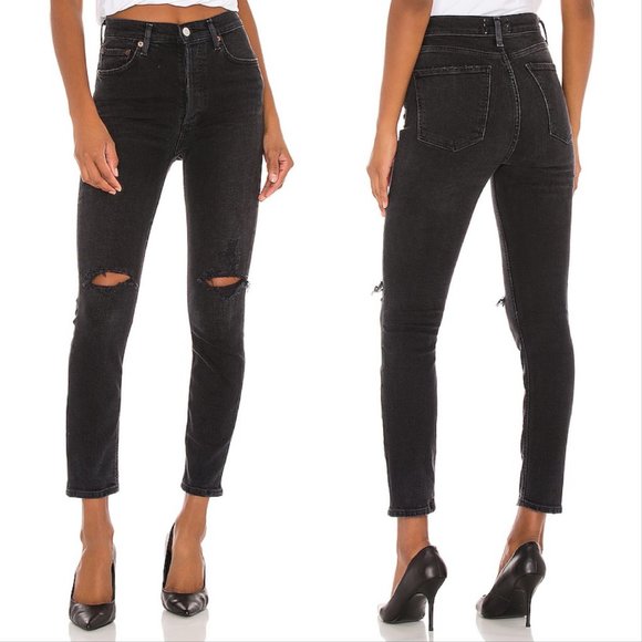 Agolde Denim - Agolde Nico High Rise Slim Distressed Jeans Cassette Black
